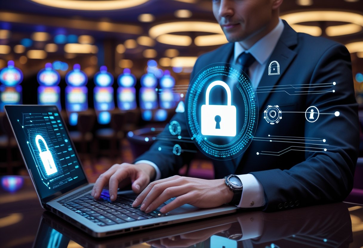 An IT professional working on a laptop with digital security graphics in a casino environment with gaming tables and slot machines in the background.