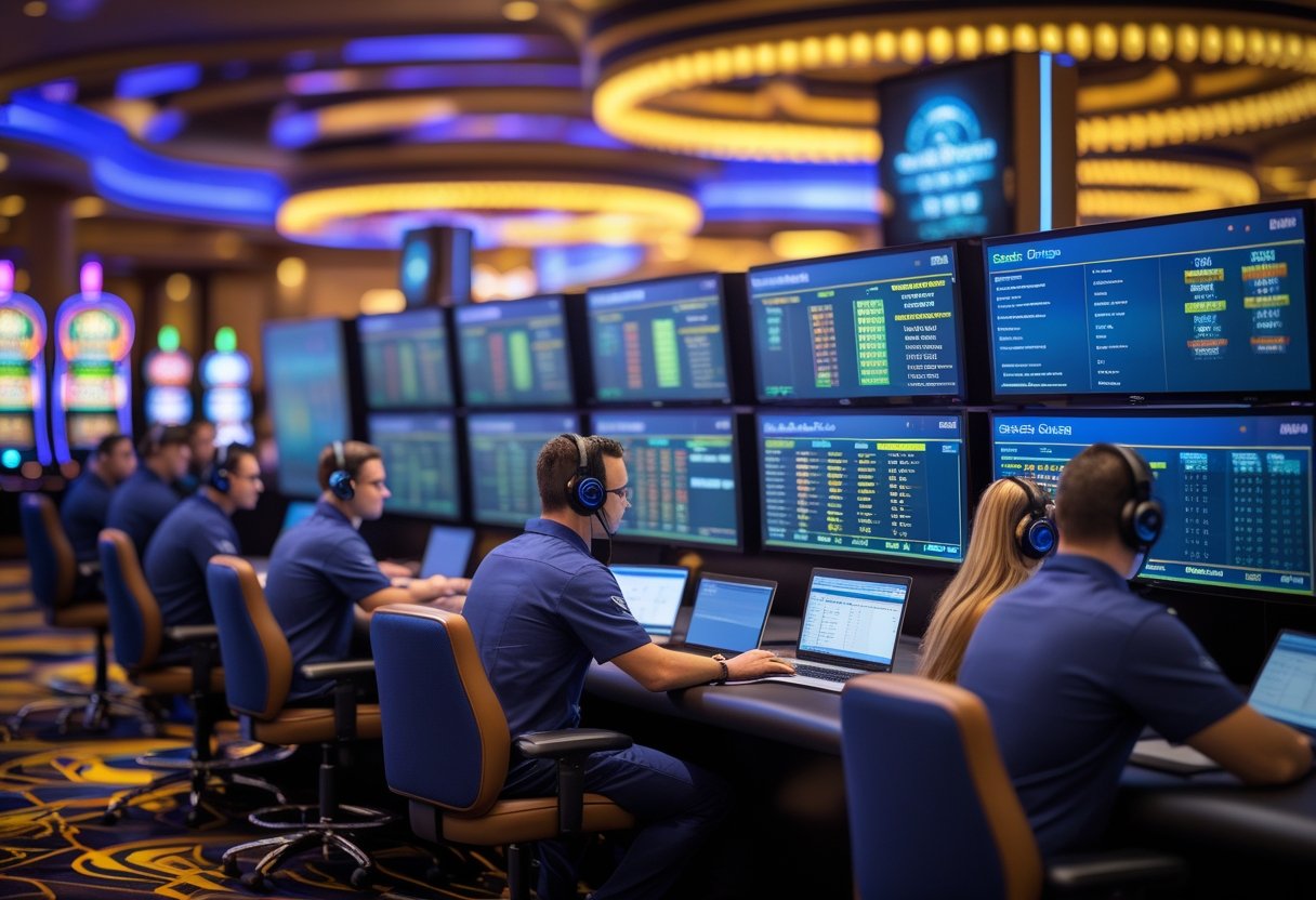 A team of technical support specialists working at computers with multiple monitors in a casino setting, with slot machines and gaming tables visible in the background.