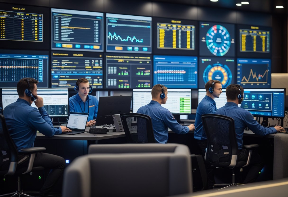 A team of technical support specialists working in a control room with multiple monitors and digital equipment, monitoring casino systems.