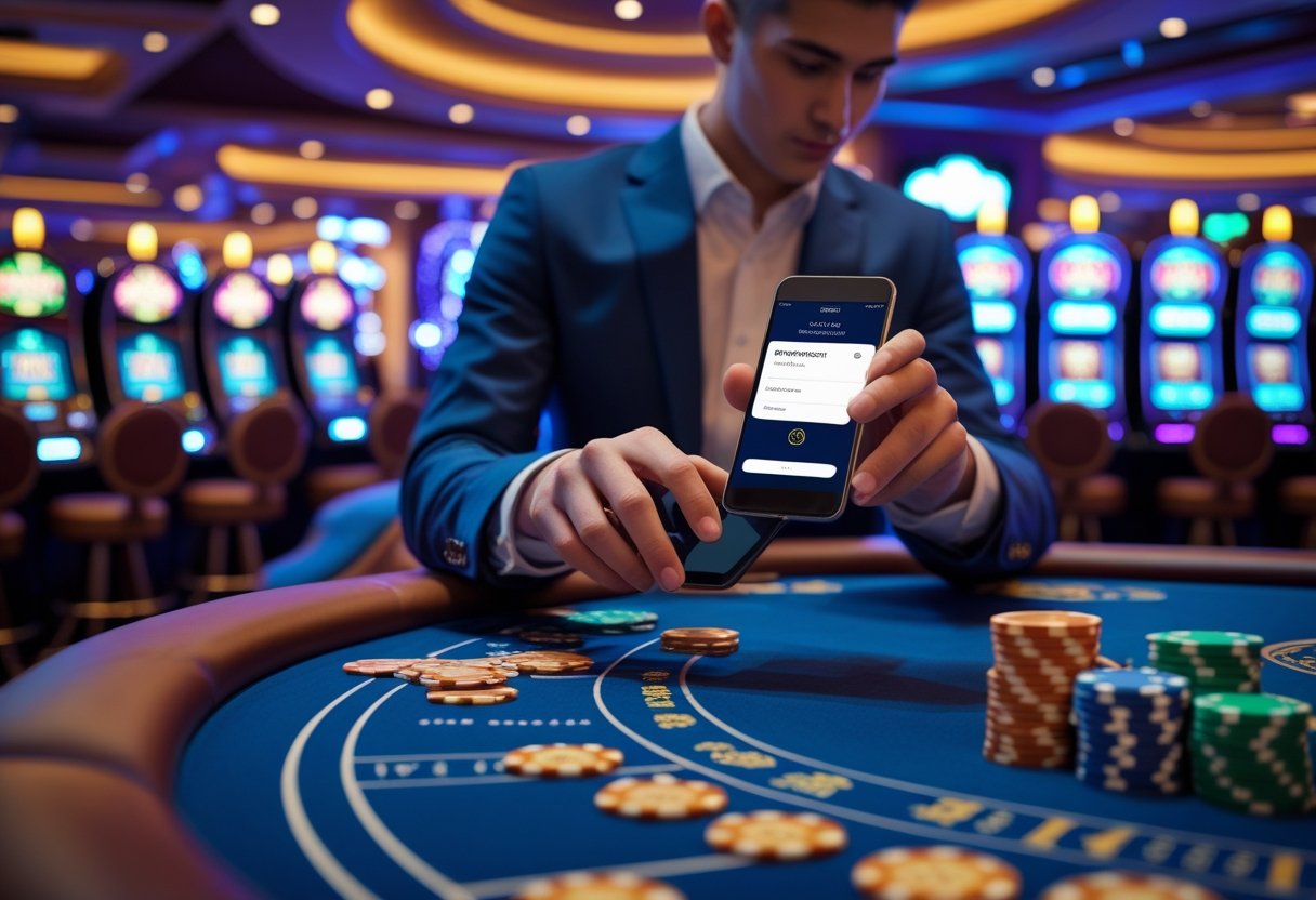 A person using a smartphone to make a payment in a casino with slot machines and gaming tables in the background.