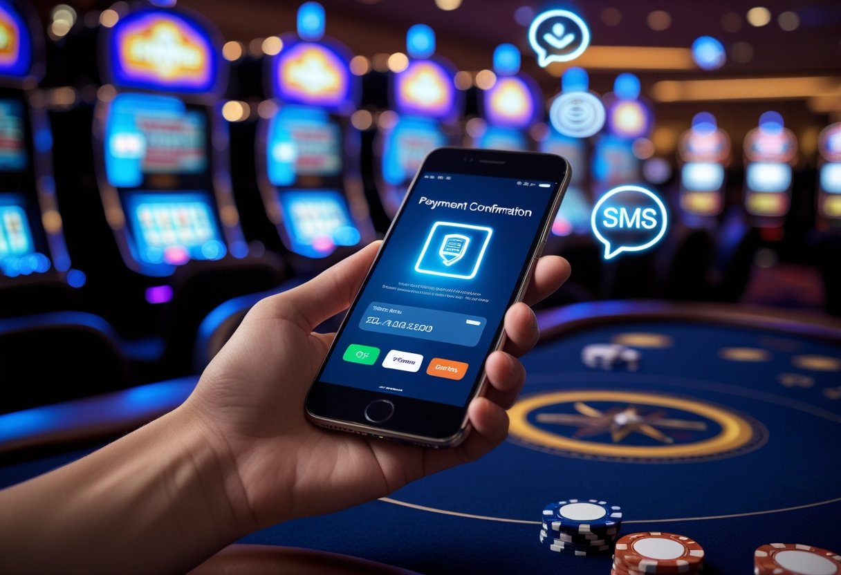 A person holding a smartphone showing a payment confirmation with a blurred casino background featuring slot machines and poker chips.