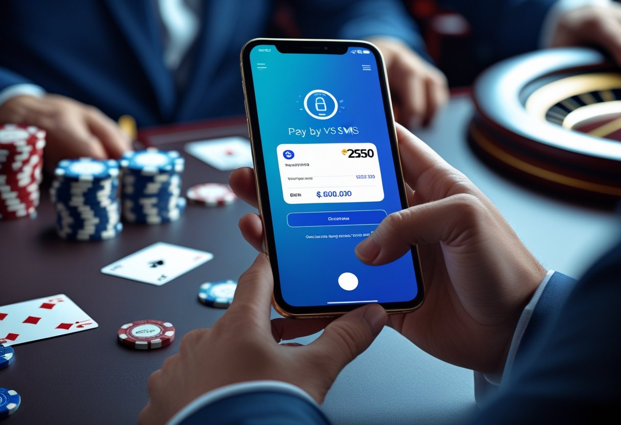 A person holding a smartphone making a payment with casino chips and playing cards visible in the background.