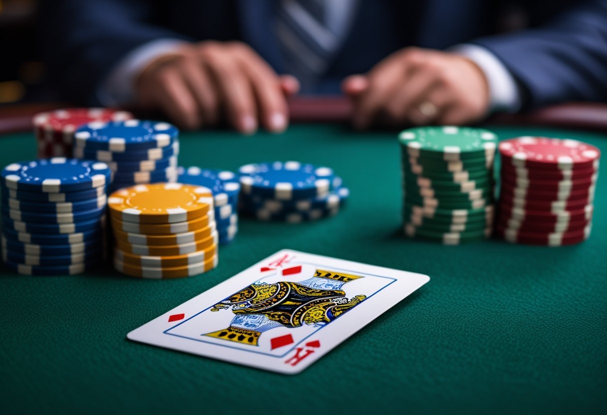 Close-up of a player's card and poker chips on a casino table.