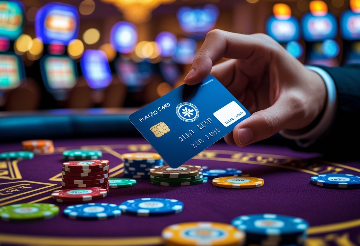 A hand holding a players card over a casino table with chips and cards, with slot machines in the background.