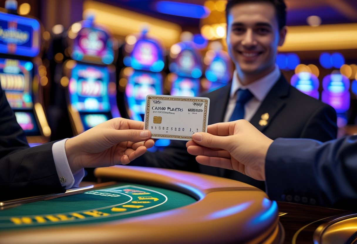 A casino employee and a player exchanging a casino player's card at a casino counter with slot machines in the background.