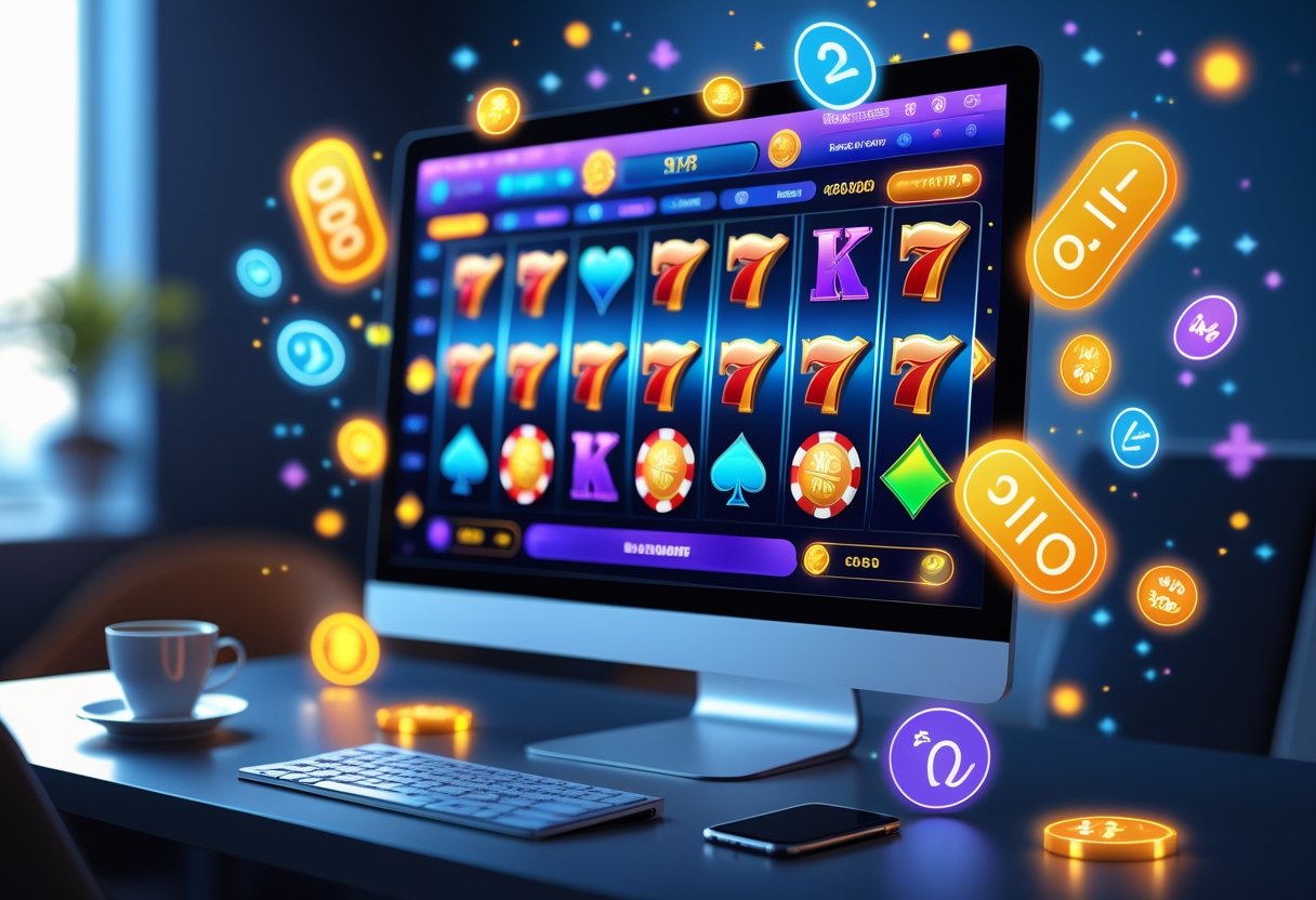 A laptop on a desk displaying an online casino game with poker chips, playing cards, and digital symbols representing bonus rewards.