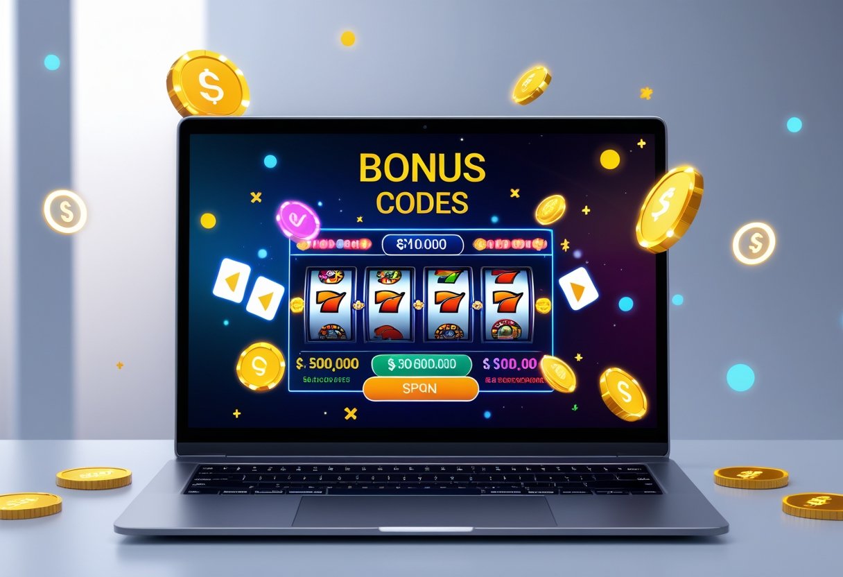 A laptop showing an online casino interface with slot machine graphics and digital cards, surrounded by floating digital coins and percentage symbols.