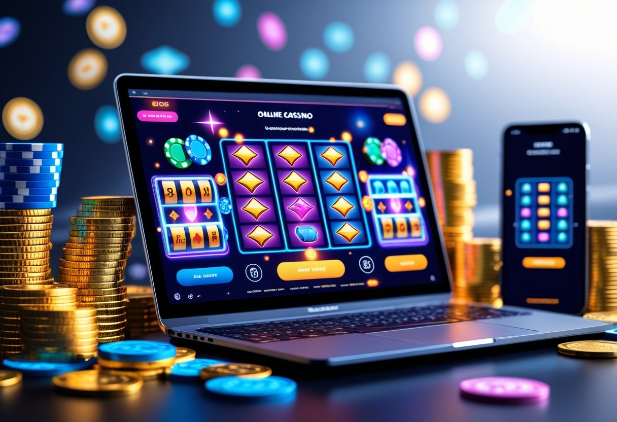 A laptop and smartphone displaying colorful online casino games with poker chips and gold coins nearby on a clean surface.