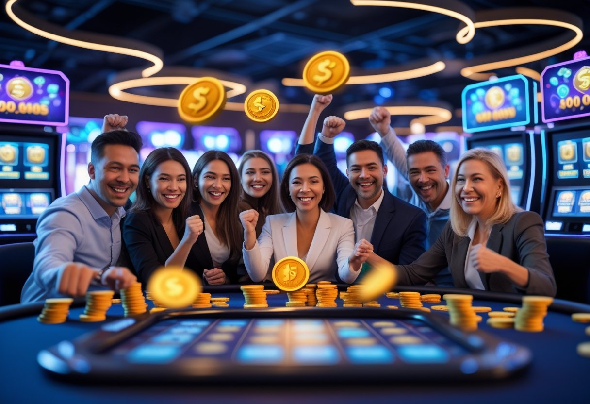A group of happy adults celebrating around a digital slot machine in a modern casino setting.