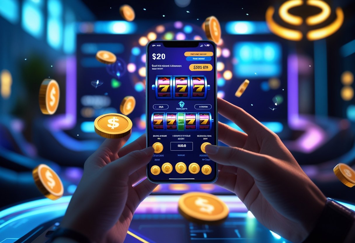 Close-up of hands holding a smartphone showing an online casino game with virtual slot machines and poker chips.