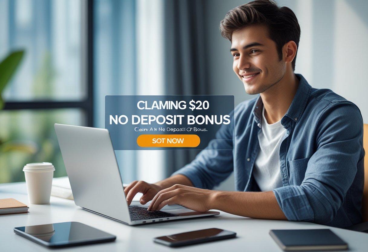 A young adult sitting at a desk using a laptop, smiling and focused in a bright room.