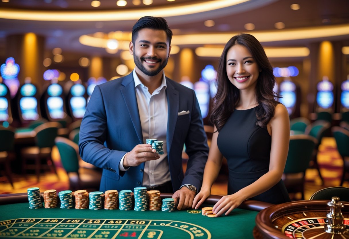A man and woman standing at a casino table with poker chips and a roulette wheel, appearing engaged in gambling.