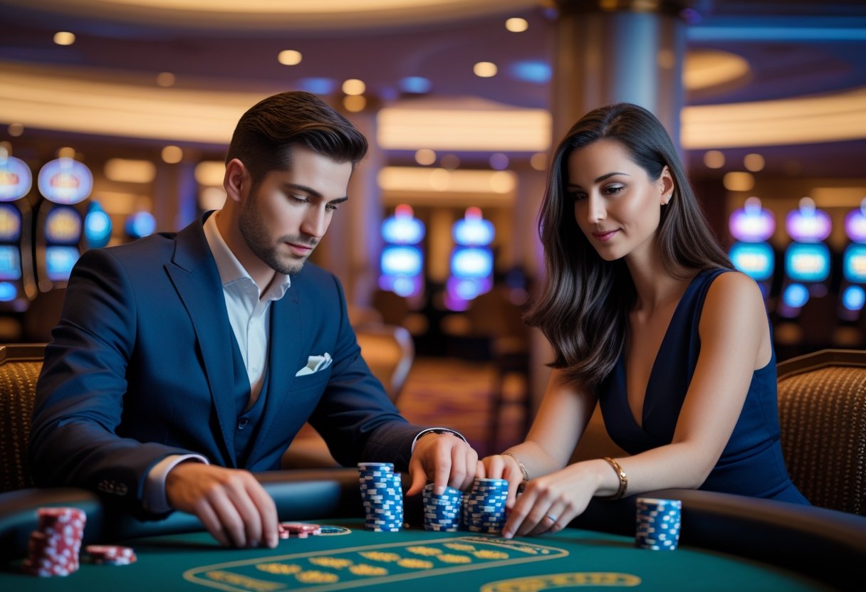 A man and woman sitting at a poker table in a casino, thoughtfully analyzing their cards and chips.