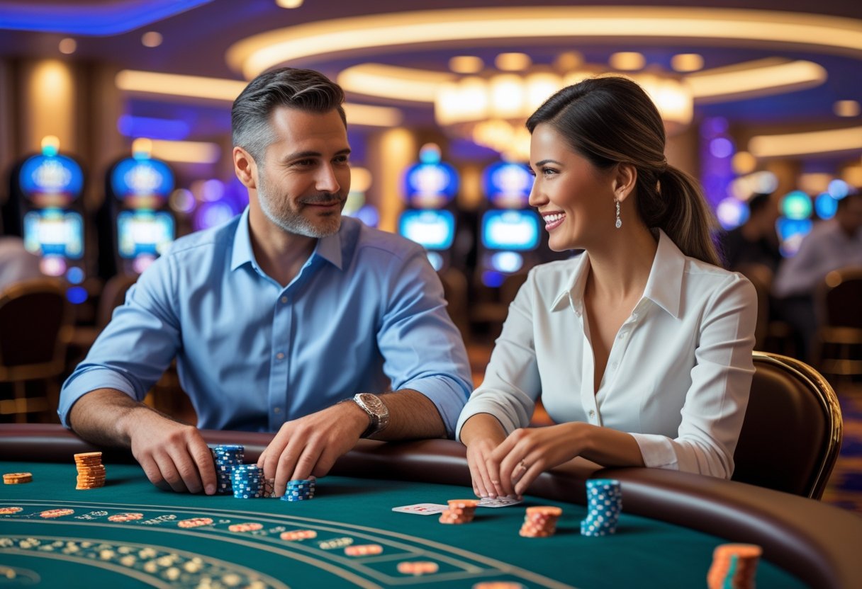 A man and woman playing poker at a casino table with chips and cards, focused on the game.