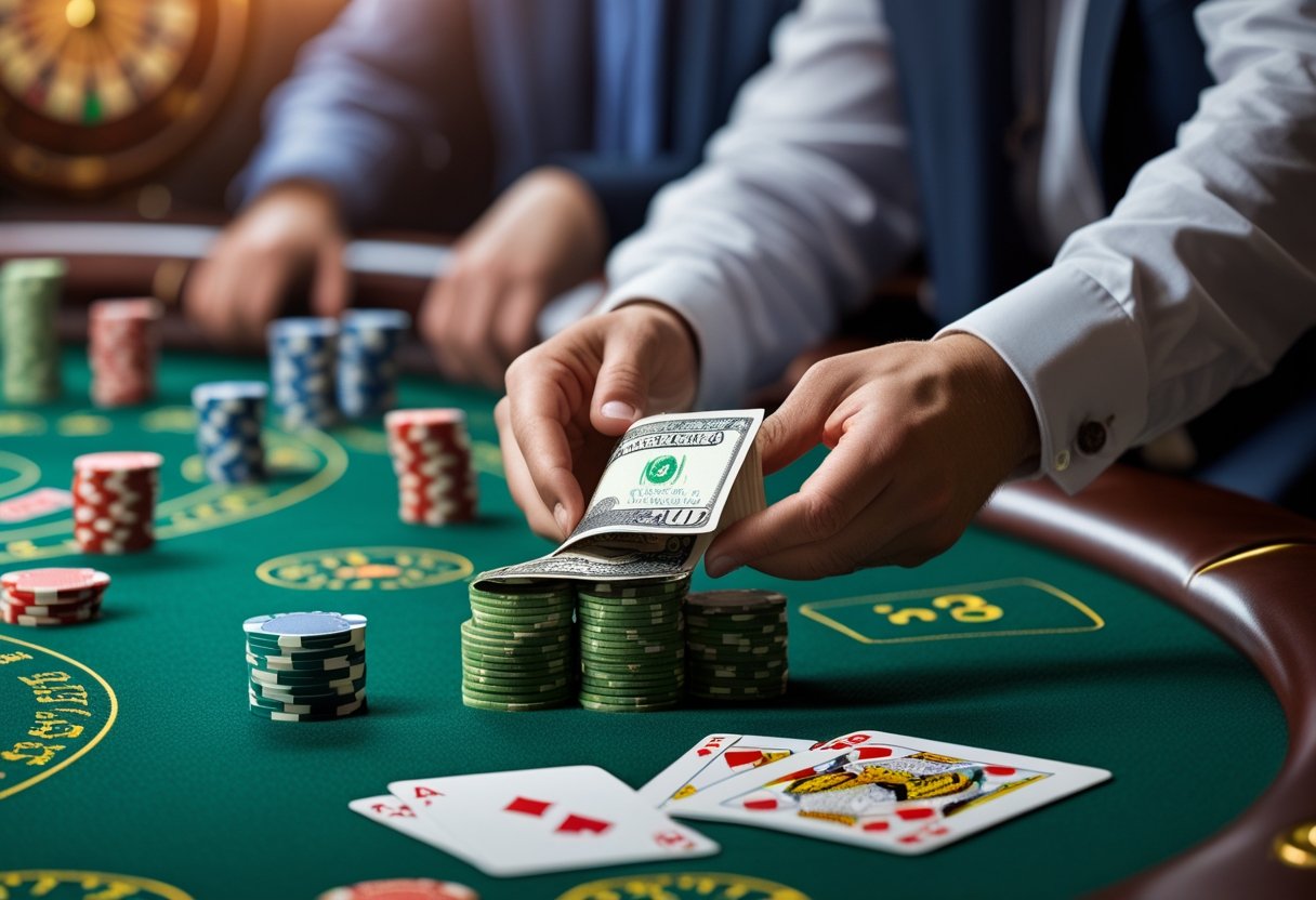 A person counting cash on a casino table with poker chips and playing cards nearby.
