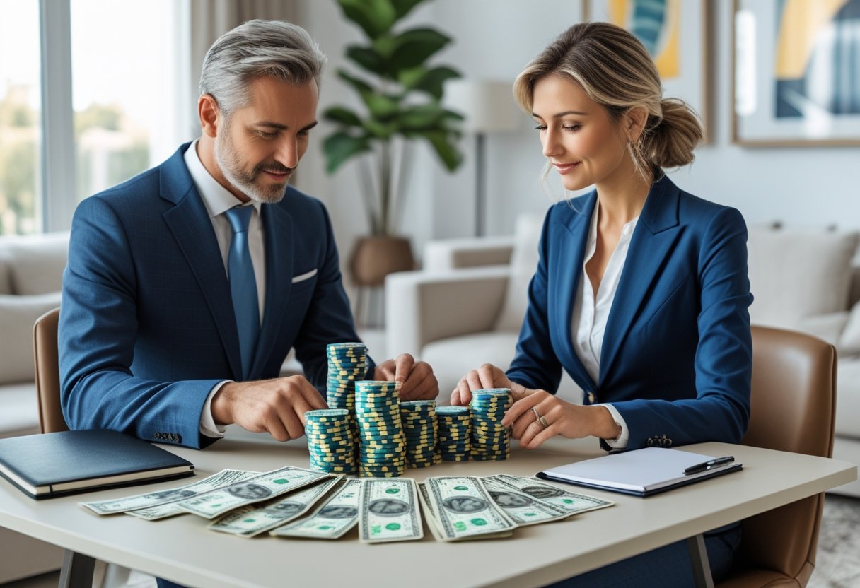 A man and woman sitting at a table counting cash and casino chips while discussing money.
