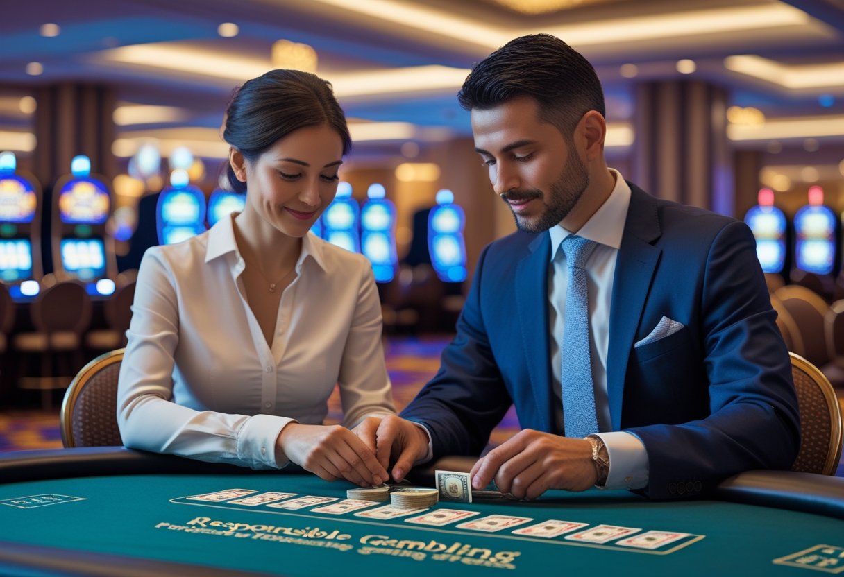 A man and woman sitting at a casino poker table calmly counting money and setting limits.