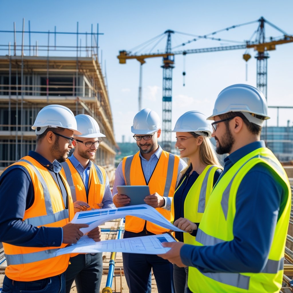 گروهی از مهندسان عمران در یک سایت ساخت و ساز در حال بررسی نقشهها و تجهیزات مهندسی