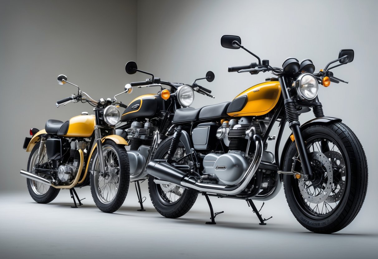 A lineup of motorcycles from different decades showing the progression of motorcycle designs from vintage to modern.