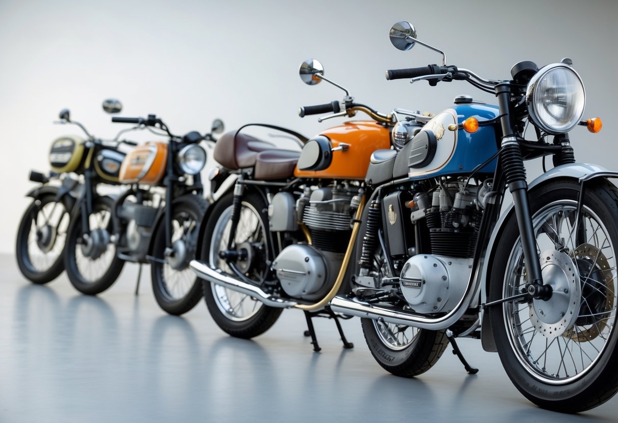 A row of motorcycles arranged to show the evolution of design from the 1940s to later decades, displayed in a clean studio setting.