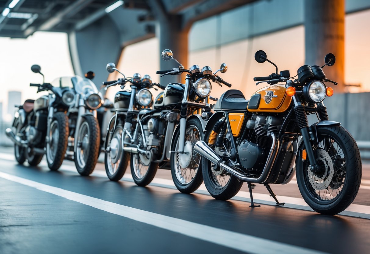 A lineup of motorcycles from different decades arranged side by side, showing the evolution of their designs over time.