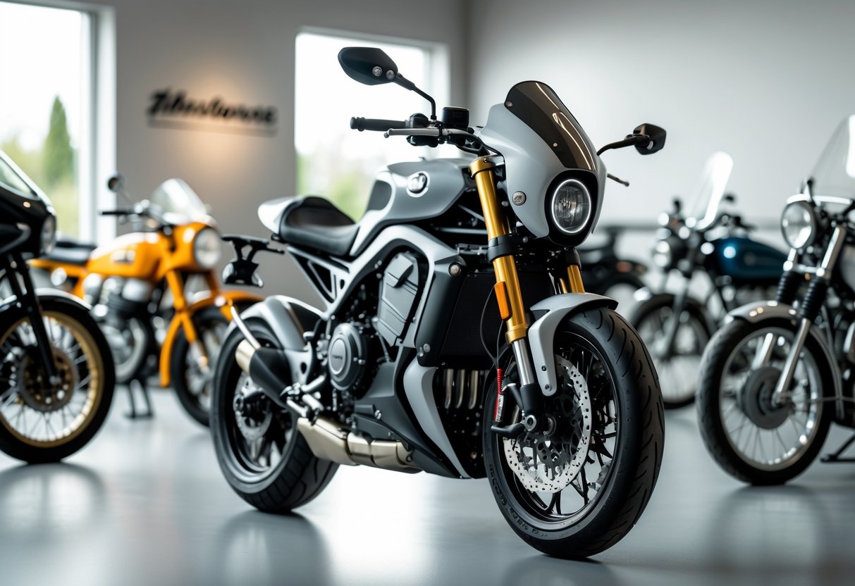 A modern motorcycle in front of a display of vintage motorcycles arranged to show design changes over time.