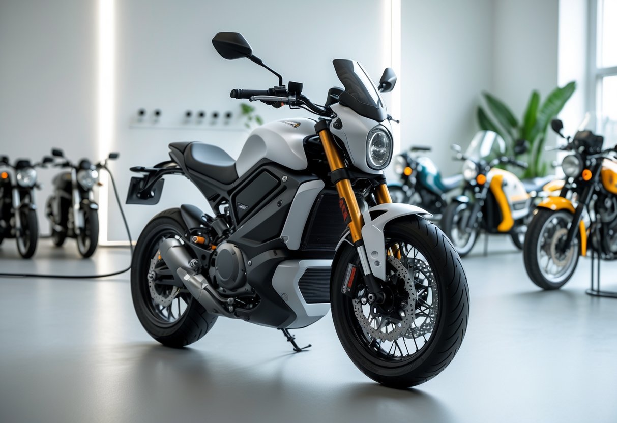 A modern motorcycle displayed in front of a series of classic motorcycles from past decades in a bright studio setting.