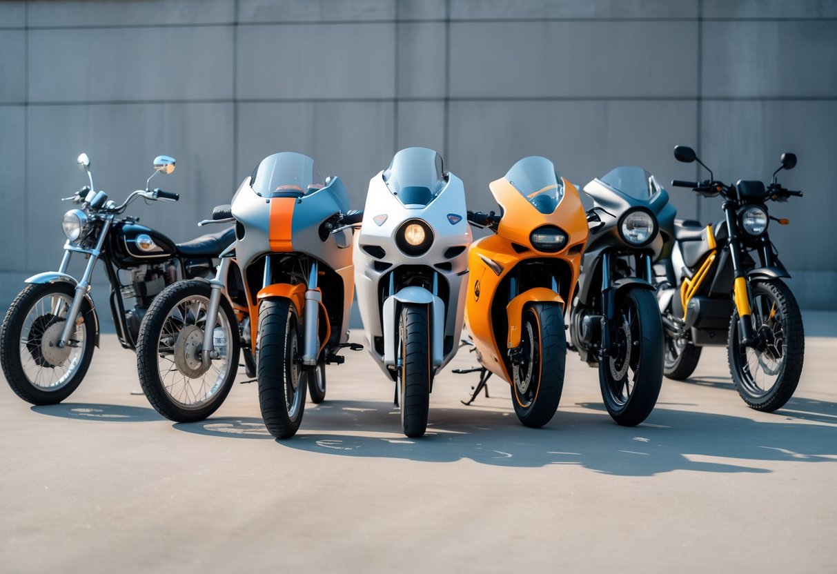 A lineup of motorcycles from different decades arranged outdoors, showing the evolution of motorcycle designs from classic to modern styles.