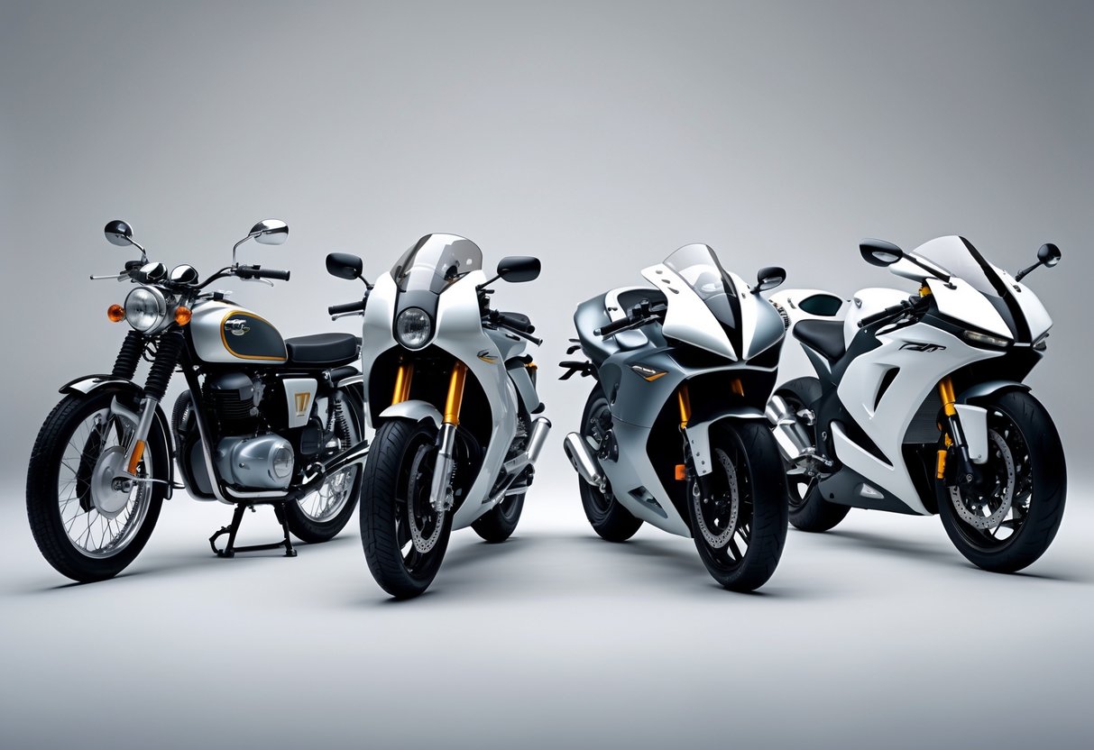 A lineup of three motorcycles from different eras displayed side by side, showing the evolution of motorcycle design from vintage to modern to futuristic.