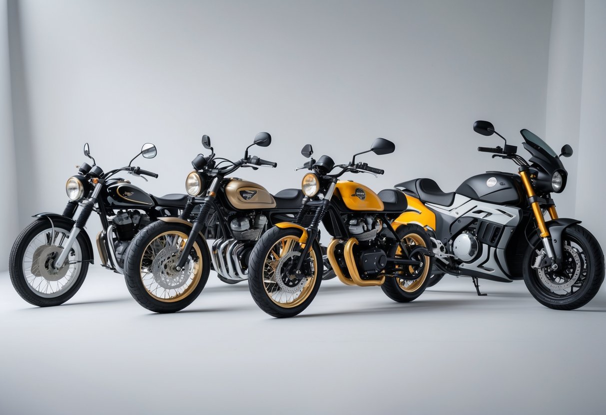 A lineup of motorcycles from different decades arranged in a row, showing the evolution of motorcycle designs from vintage to modern models.