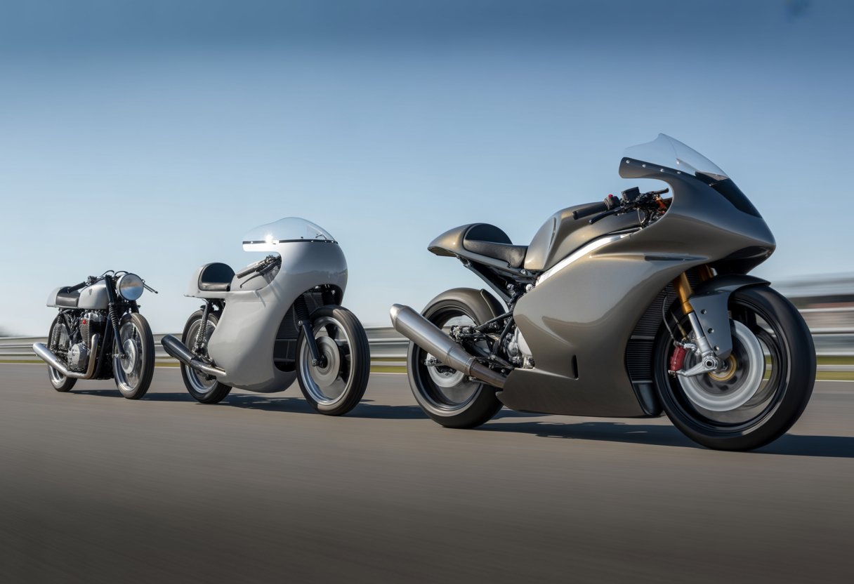 Three motorcycles from different eras lined up side by side, showing the progression of aerodynamic designs from vintage to modern racing bikes on a racetrack.