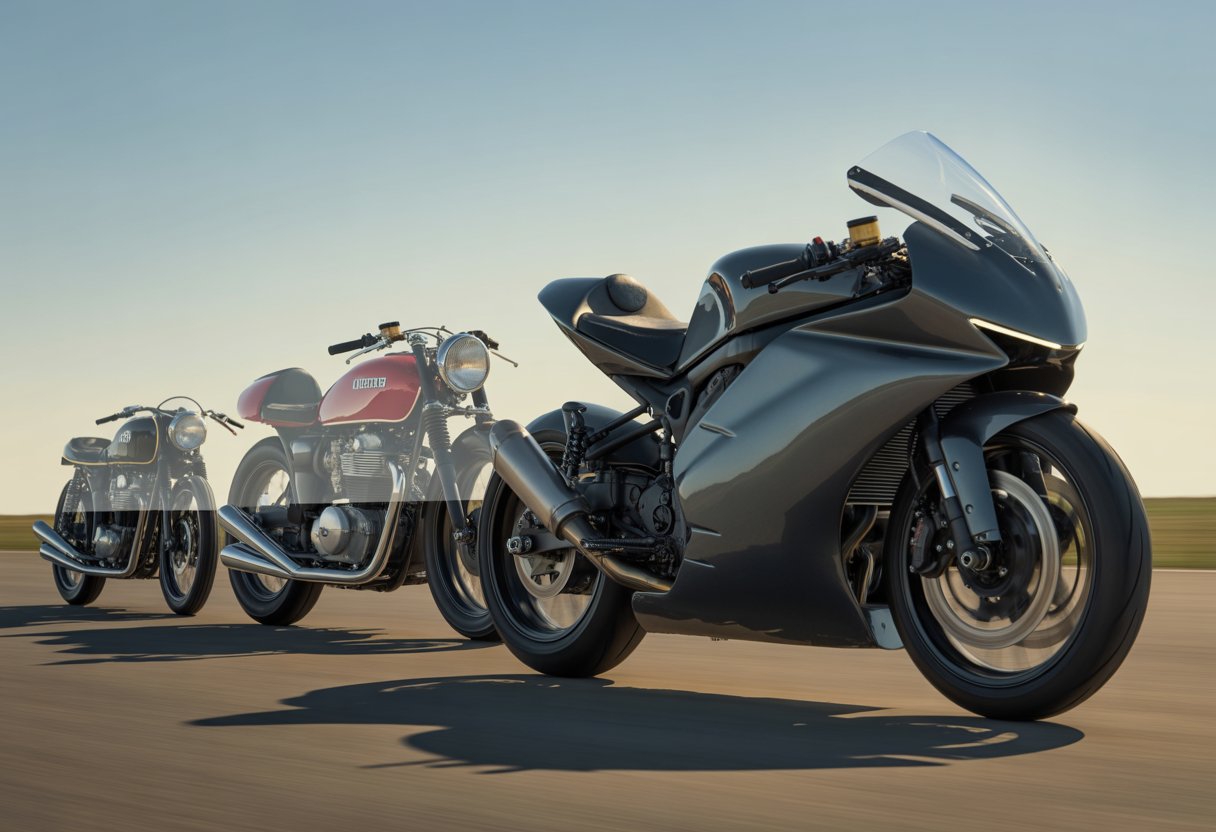 A modern sport motorcycle on a road with ghosted images of older motorcycles behind it, showing the evolution of motorcycle design.