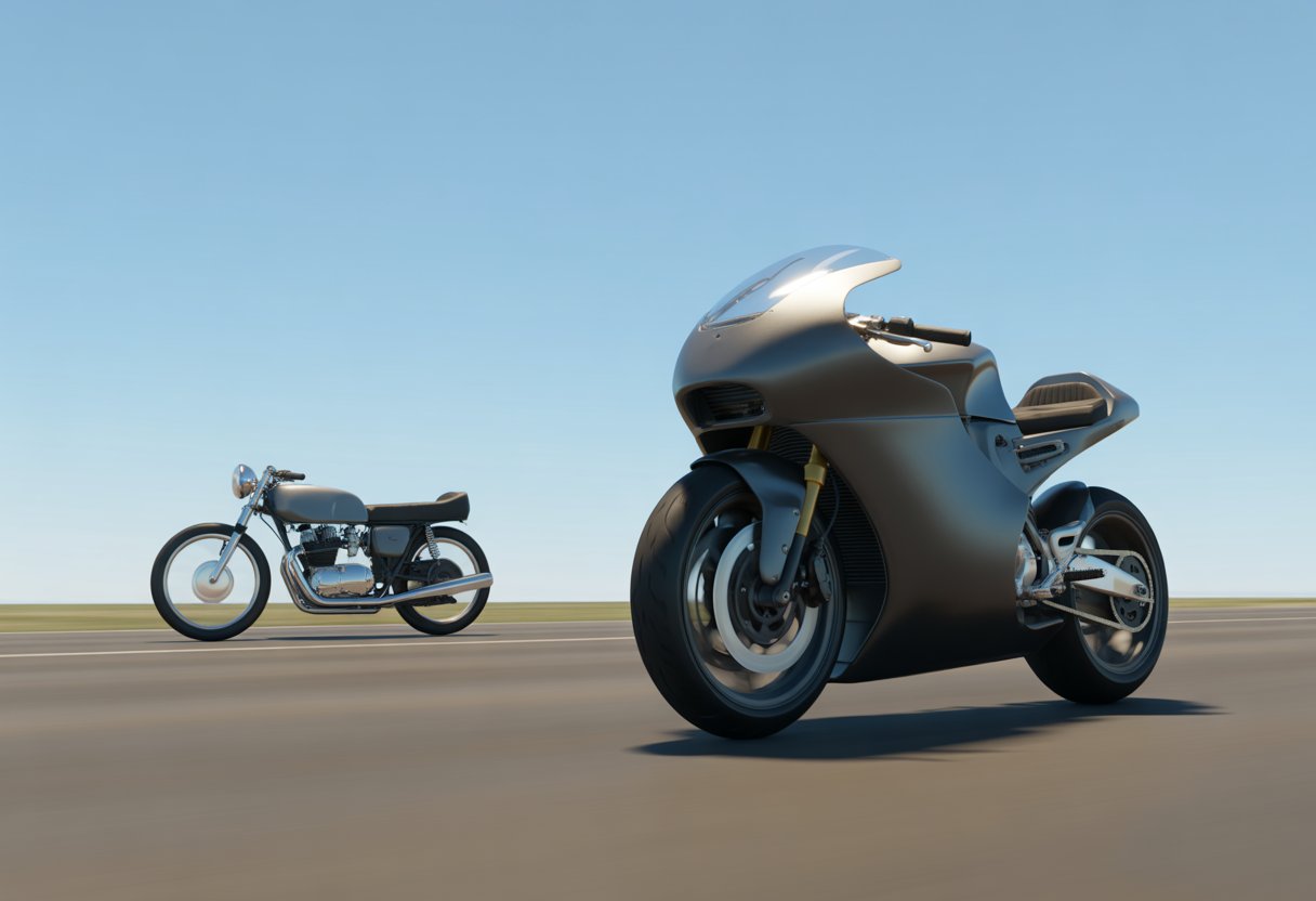 Two motorcycles on an open road, one vintage and one modern, showing the evolution of motorcycle design.