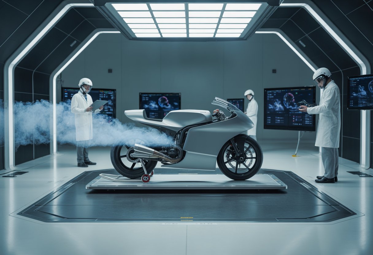 Engineers testing a futuristic motorcycle in a wind tunnel with airflow visualization and advanced equipment around.