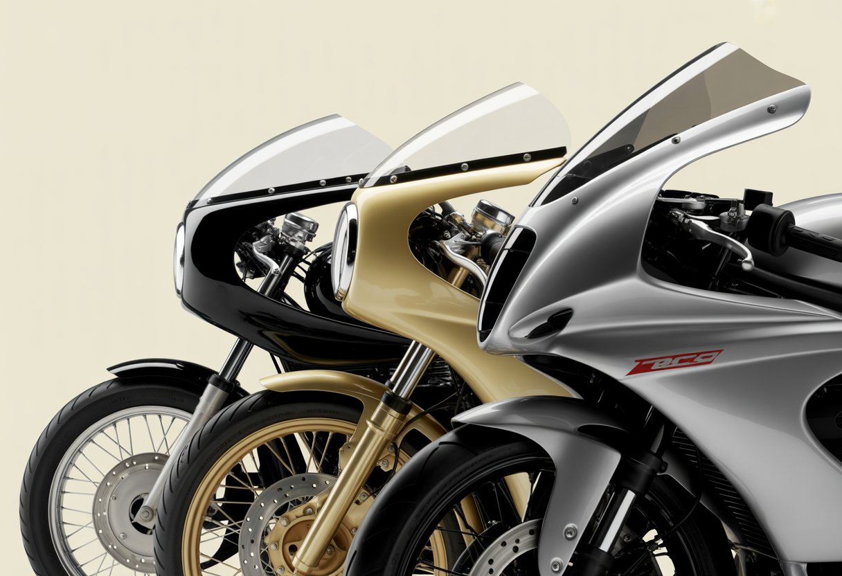Three motorcycles from different eras side by side showing the progression of their bodywork and fairings.