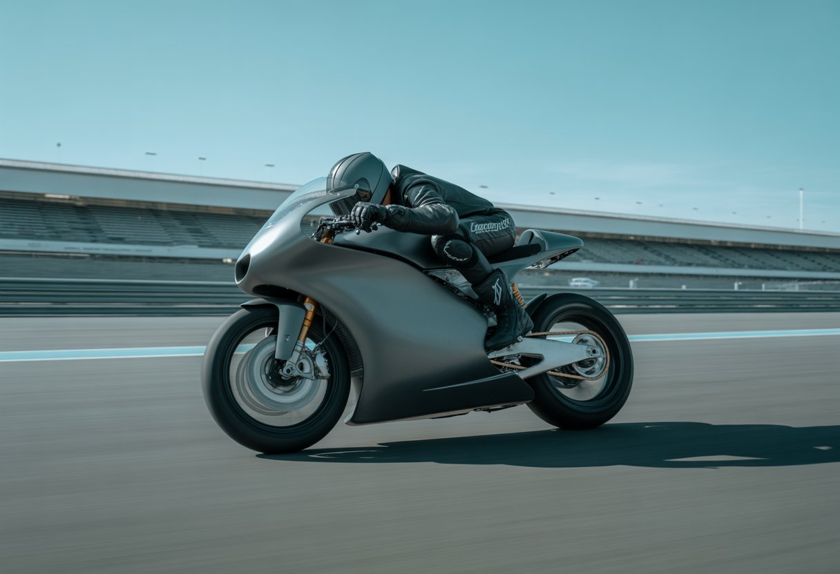 A motorcycle racer leaning into a turn on a racetrack with a streamlined racing motorcycle in motion.