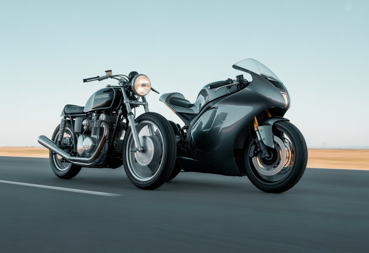 Two motorcycles on a road, one vintage and one modern sportbike, showing differences in aerodynamic design.