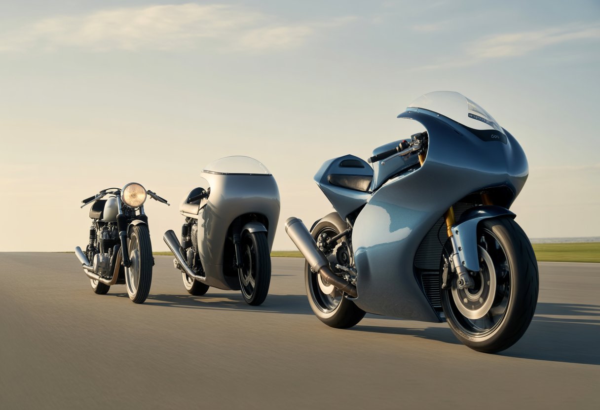 Three motorcycles from different eras lined up on a road, showing the progression of aerodynamic design.