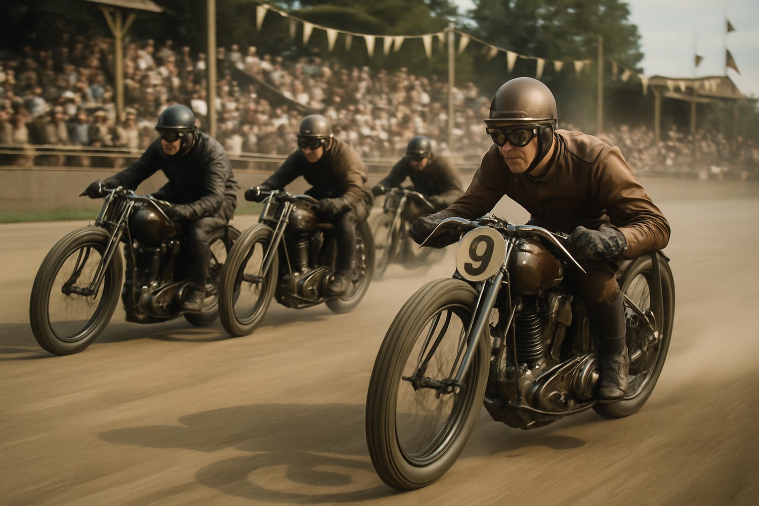 Several early 20th century motorcycle racers in vintage gear leaning into a curve on a race track with spectators in the background.