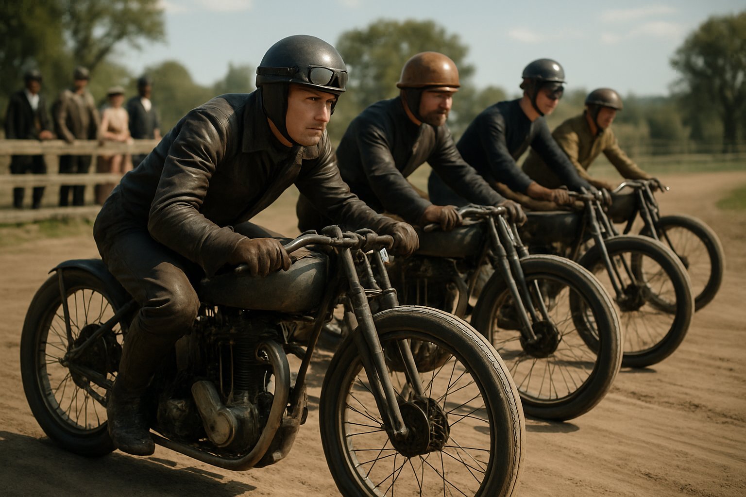 Group of early motorcycle racers on vintage bikes lined up on a dirt track with spectators and trees in the background.