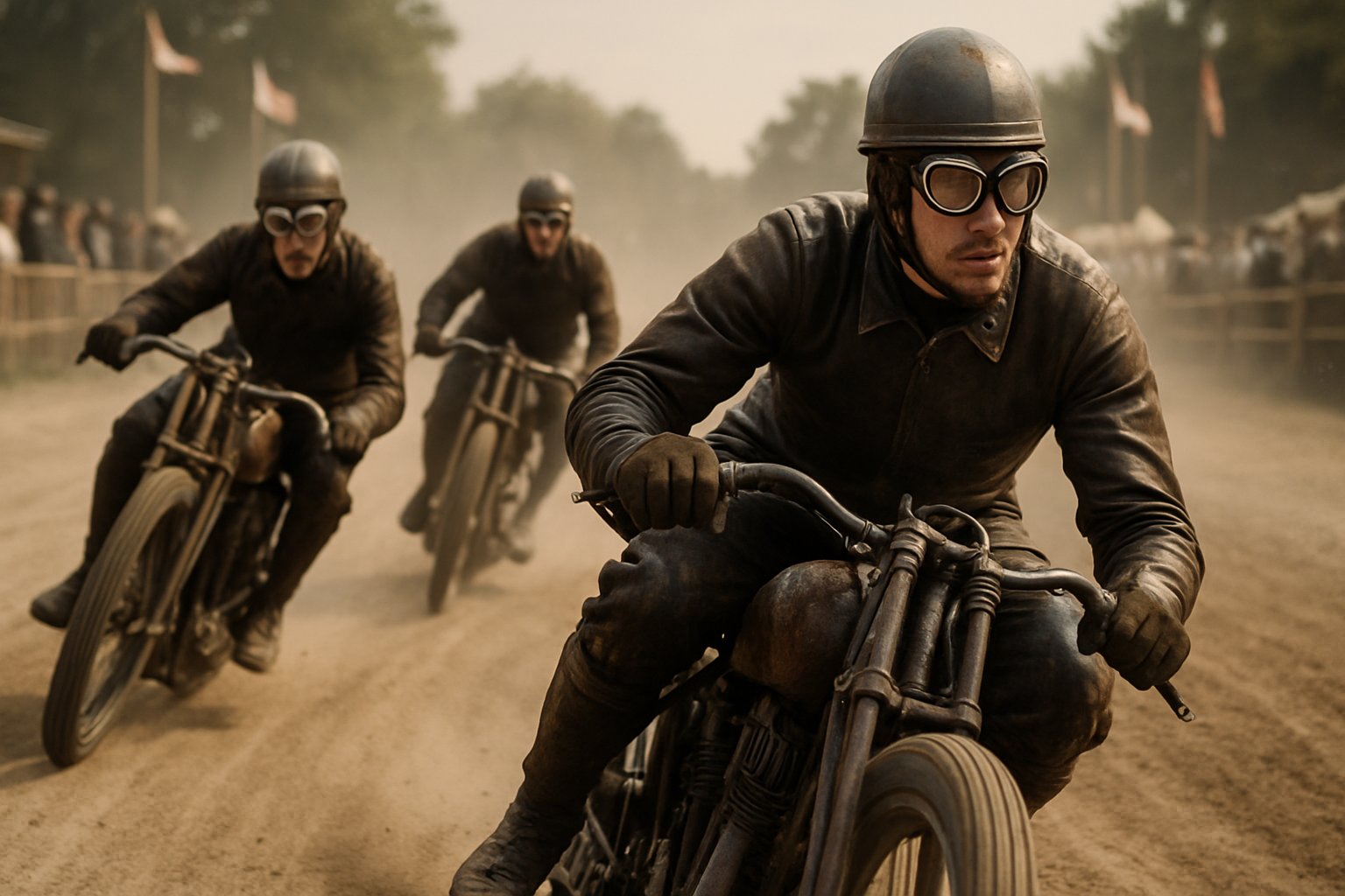 Early motorcycle racers wearing vintage gear riding classic motorcycles on a dirt track with spectators in period clothing watching.