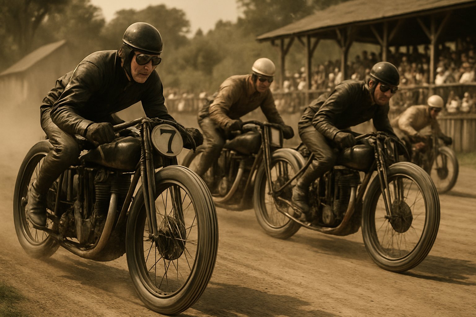 Riders on vintage motorcycles racing on a dirt track with spectators in the background.