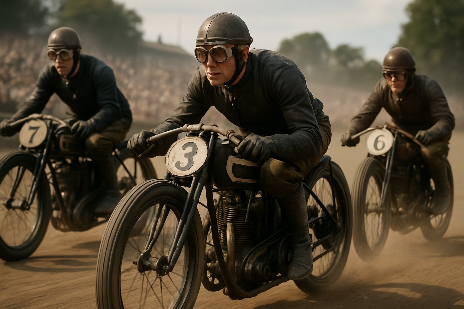 Several riders on vintage motorcycles racing on an old racetrack with spectators in the background.
