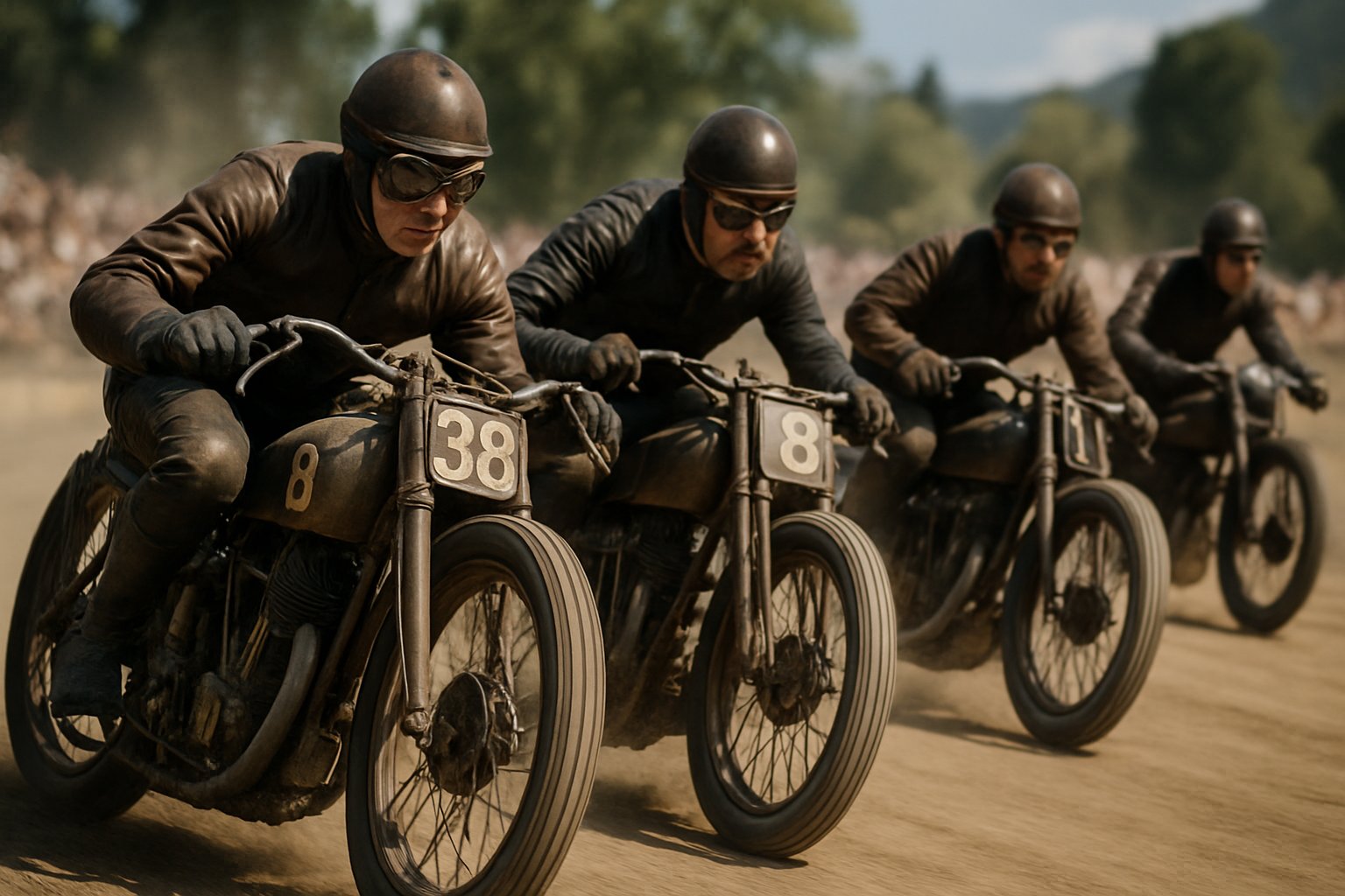 Early motorcycle racers on vintage bikes competing on an outdoor racetrack with spectators in the background.