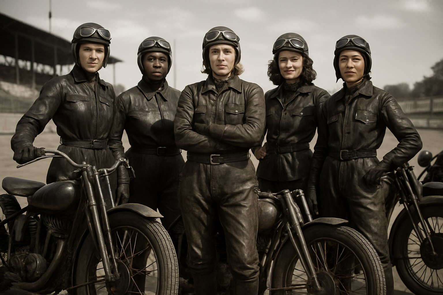 A group of women dressed in vintage motorcycle racing gear standing beside classic motorcycles at a historic racetrack.