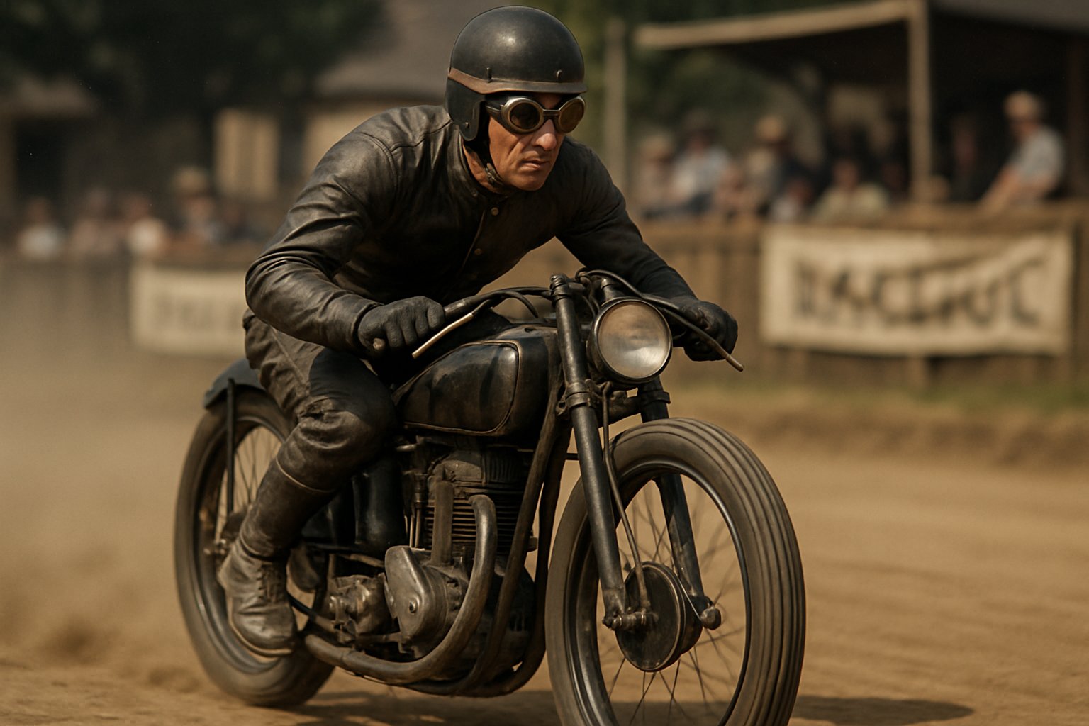 A vintage motorcycle racer riding a retro bike on a dirt track with spectators in the background.