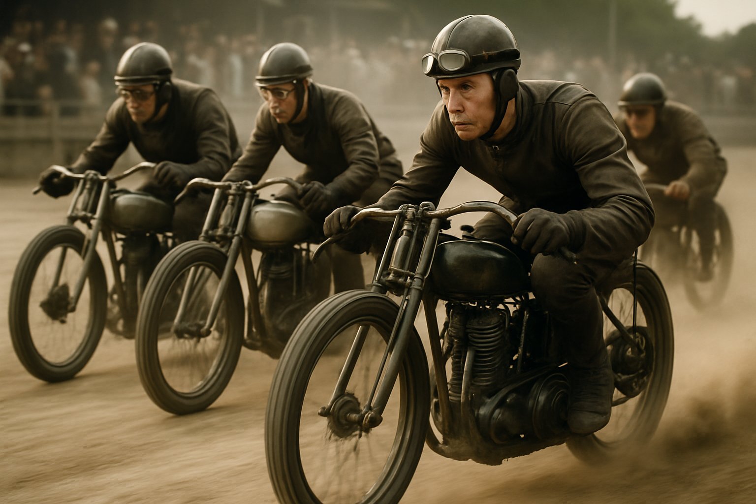 Early motorcycle racers on vintage bikes speeding on a racetrack with spectators in the background.
