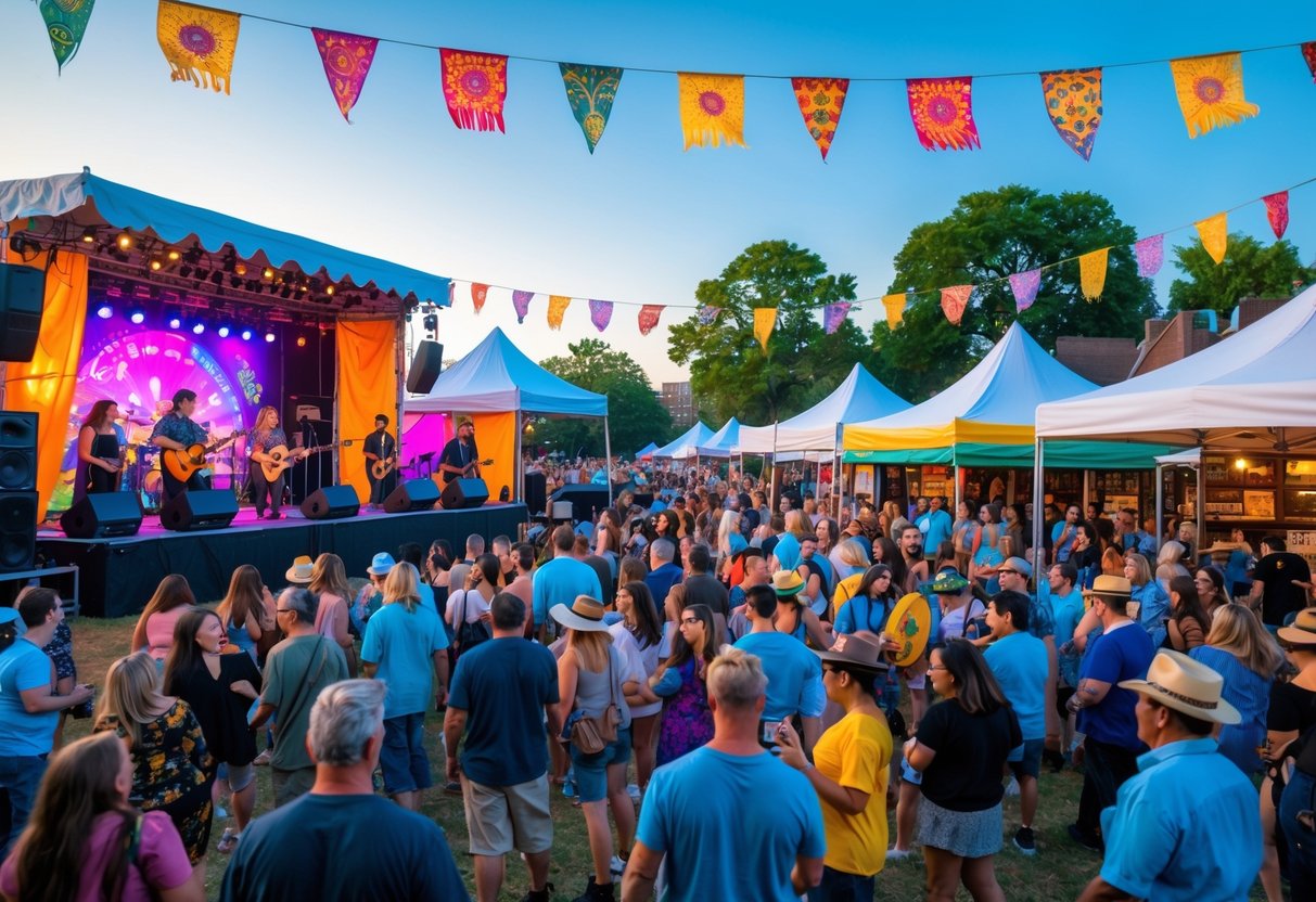 A crowd of people enjoying live music and festival activities outdoors with colorful decorations and food stalls.