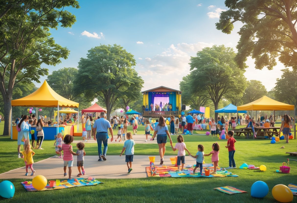 Families and children enjoying outdoor activities at a sunny park event with tents, playground, and live entertainment.