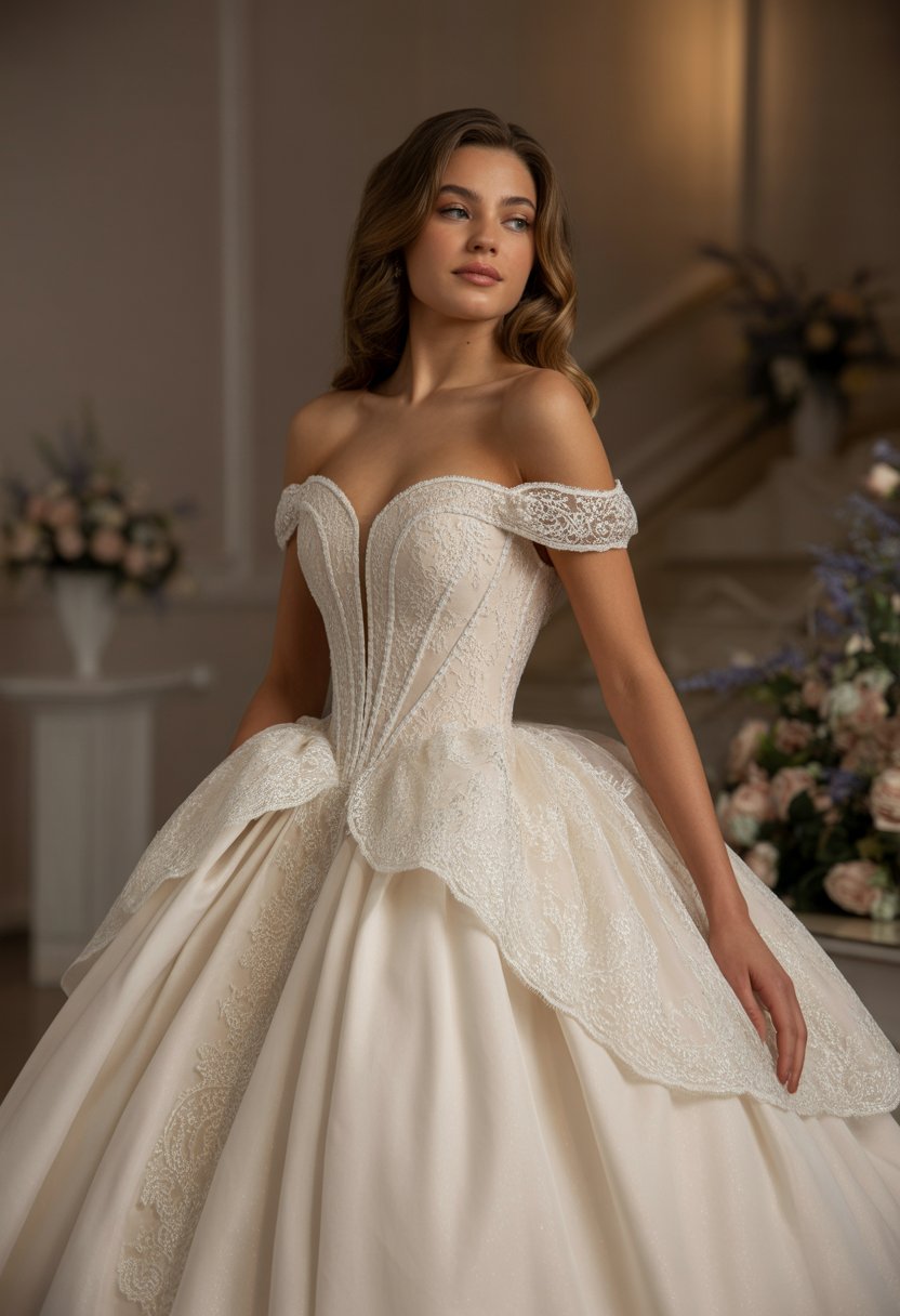 A woman wearing a luxurious princess-style wedding dress standing indoors with floral decorations in the background.